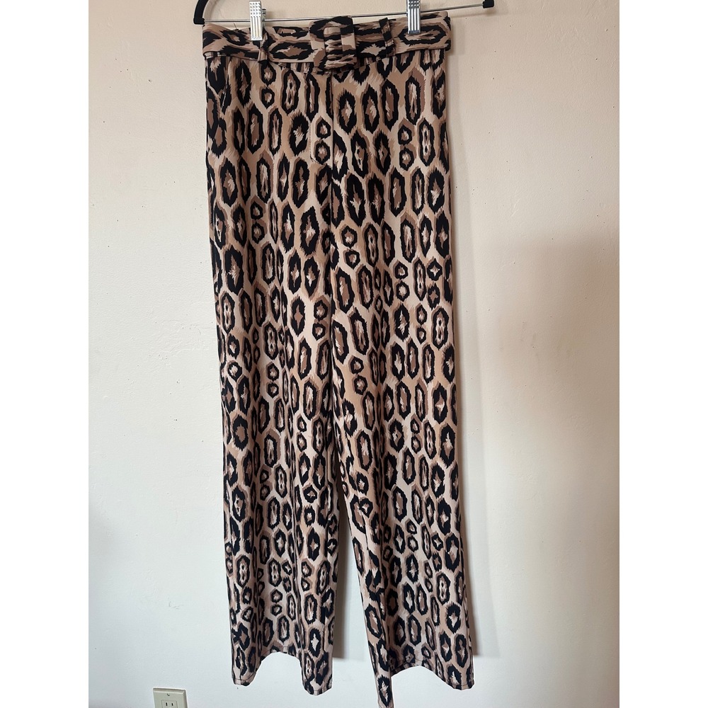 New Collection Italy Leopard Print Wide Leg High Waisted Belted Trousers Tan Blk